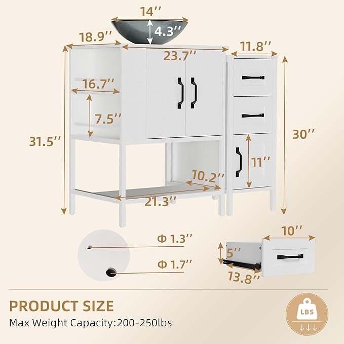 VNN Bathroom Vanity with Sink - 36 Inch Bathroom Vanity with Sink, Open Shelves and 3 Storage Drawers Side Cabinet, Modern Iron Wood Cabinet with Countertop Tempered Glass Vessel, White