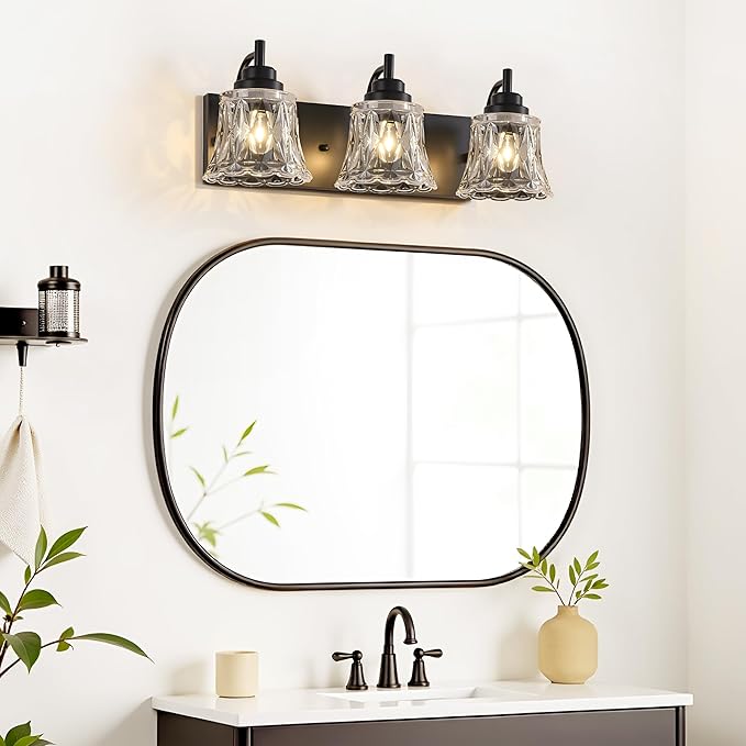 Bathroom Light Fixtures, 3 Lights Black Vanity Lights for Bathroom, Matte Black Antique Finish with Crystal Glass Shade, Farmhouse Lighting Fixtures Over Mirror for Bedroom, Living Room