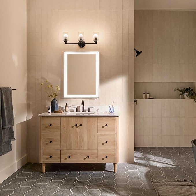 Kichler Gioe 24.25" 3-Light Vanity Light with Clear Fluted Glass in Black, Damp Rated, for Bathroom, Powder Room, Over a Mirror, (24.25" W x 10.5" H), 55226BKFLU