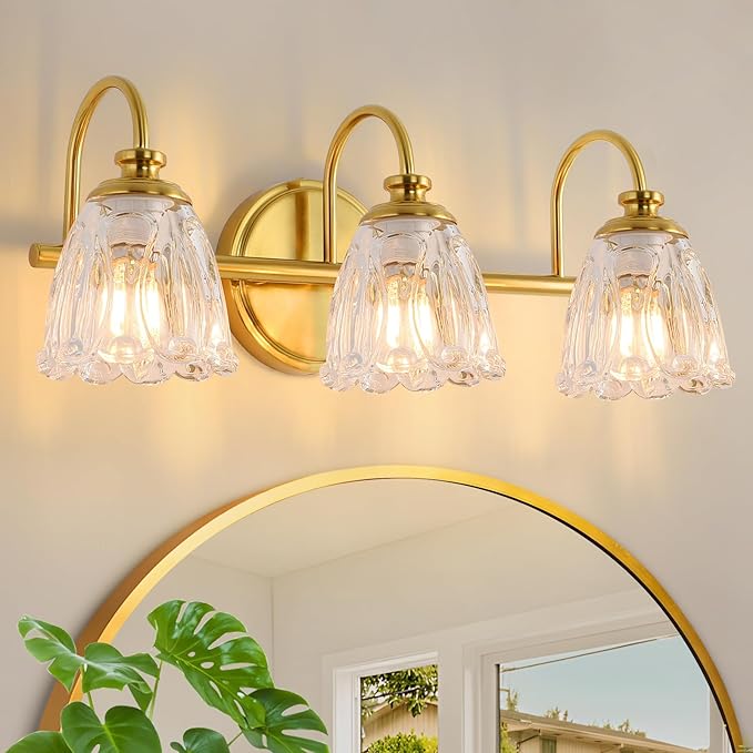 Bathroom Light Fixtures (3-Light), Vintage Brushed Gold Vanity Lights for Bathroom with Clear Tulip Crystal Glass Shade, Vanity Wall Light Over Mirror for Bedroom Living Room Hallway