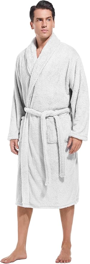 Inner Wish Mens Plush Fleece Robe, Cozy Warm Bathrobe Fuzzy Male Spa Long Robe With Pockets (DARK GREY)