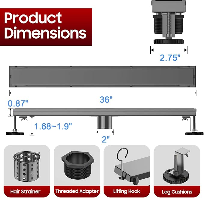 DLONE® Linear Shower Drain - 36 Inch Gun Gray, with Tile Insert Panel | AISI 304 Stainless Steel Linear Drain, Rectangle Shower Floor Drain, with Adjustable Feet, Fits Bathroom & Balcony etc