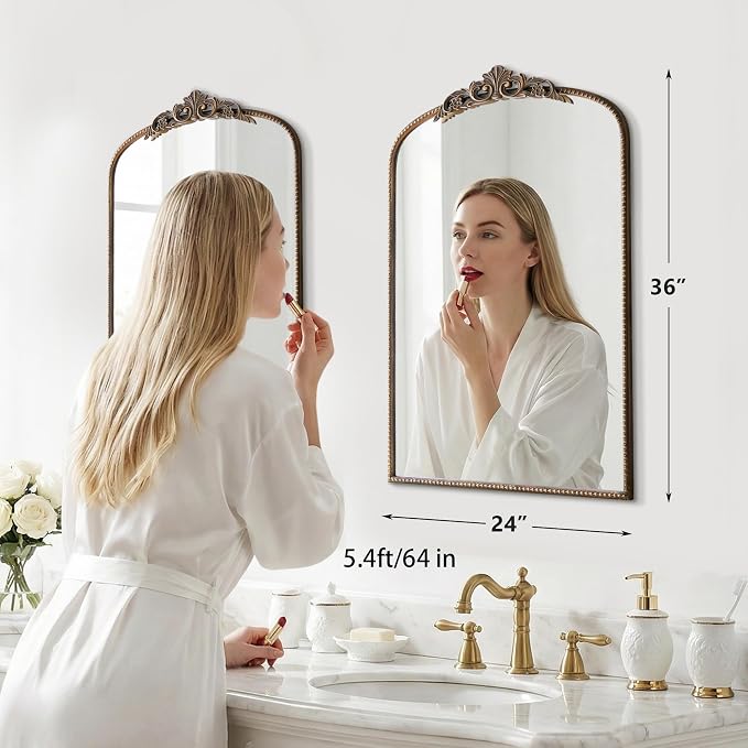 Micasso Bathroom Mirror for Over Sink: 24"x36" Bronze Vintage Arched Mirror | Traditional Ornate Baroque Decorative Antique Wall Mirror for Bedroom/Entryway/Hallway/Dresser/Vanity/Mantel/Nightstand