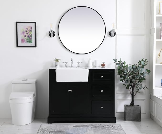 42" Pre-Assembled Bathroom Vanity with Sink, Solid Birch and MDF, Carrara White Marble Countertop Attached, Single Rectangle Porcelain Sink, 3 Soft-Close Drawers, Black