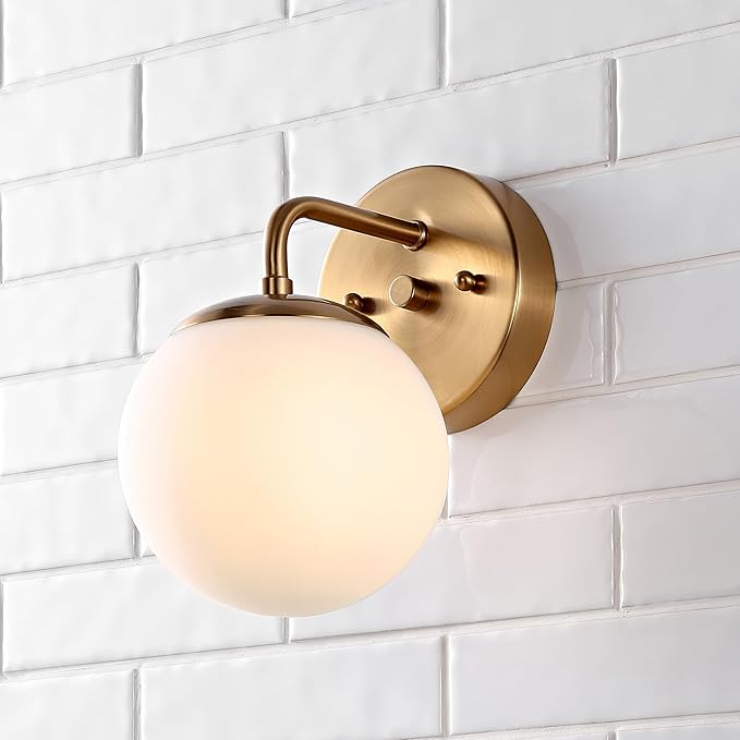 JONATHAN Y 5.75" Brass Gold Modern Globe Wall Sconce Vanity Light for Bathroom, White Frosted Glass Shade, Midcentury Parisian Bistro Wall Lamp, LED Bulb Included JYL3534A