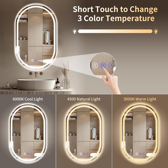 Oval LED Bathroom Mirror, 30"x 40" Frameless Lighted Mirror | LED Mirror with Front Light & Backlit, Anti-Fog, Dimmable Wall Mounted Lighted Mirror, Pill-Shaped Smart Bathroom Mirror