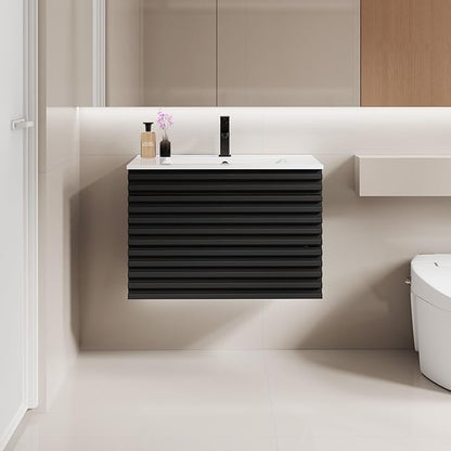 LUCKWIND 30" Floating Bathroom Vanity with Sink, Mid-Century Wall Mounted Big Drawer Cabinet with Large Sink, Water Saving Faucet and Wood Stripes Style, Black