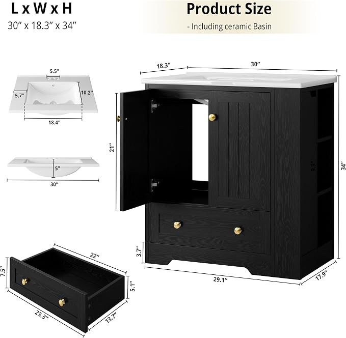 IRONCK Bathroom Vanity with Ceramic Sink, 30" Bathroom Cabinet, Black | Features a Ceramic Sink, 3 Doors, 1 Drawer and Flexible Side Storage for Organized Bathroom Storage