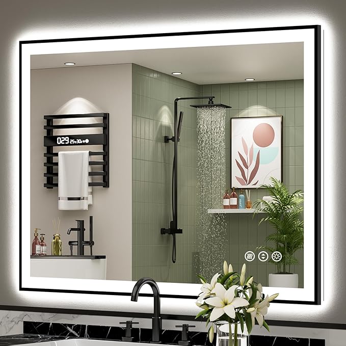 44x36 Black Framed LED Bathroom Mirror with Lights, Backlit and Front Lit Anti-Fog Lighted Vanity Mirrors for Bathroom Wall, Dimmable, 3 Colors, Memory, HD Tempered Glass, Horizontal/Vertical