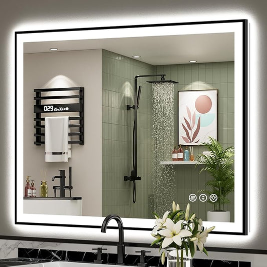 44x36 Black Framed LED Bathroom Mirror with Lights, Backlit and Front Lit Anti-Fog Lighted Vanity Mirrors for Bathroom Wall, Dimmable, 3 Colors, Memory, HD Tempered Glass, Horizontal/Vertical