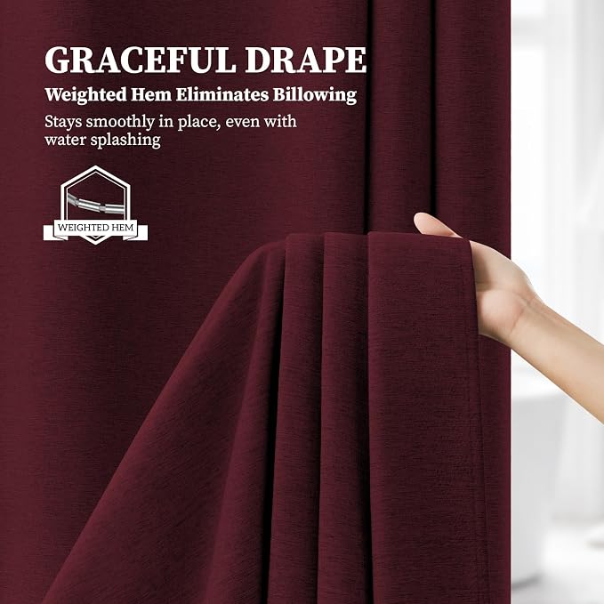 Long Linen Textured Waterproof Shower Curtain Set, 72x84, Burgundy | Tall Size, 230GSM Polyester, Heavy Duty Cloth, Weighted Hem, 12 Plastic Hooks, Modern Luxury Hotel Style, Machine Washable
