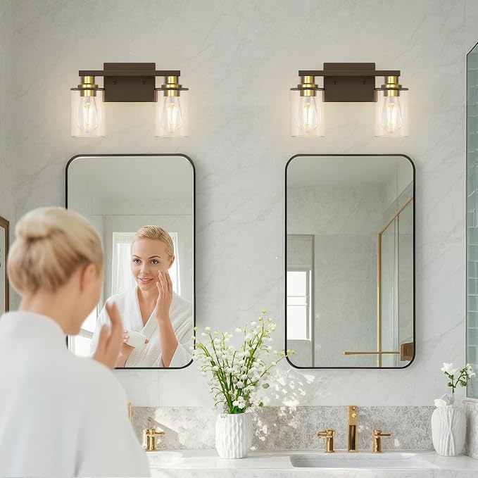 L LOHAS LED 2-Light Bathroom Vanity Light, Black and Gold | Clear Glass Shades; Black and Gold Bathroom Light Fixture; ETL Listed