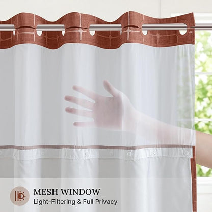 RiverDream Farmhouse No Hook Shower Curtain with Snap-in Liner,Orange,71x74 | Snap on Fabric Liner,Heavy Duty,Quick Dry,Mesh Top Window,With Bottom Magnets,Washable,with Tassels,Standard Size