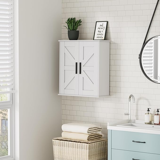 Bathroom Wall Cabinet, Over Toilet Storage Cabinet with Barn Doors and Adjustable Shelves, 3-Tier Medicine Cabinet Wall Mounted, for Bathroom, Kitchen, Entryway, Laundry Room, White, (7.9" D)