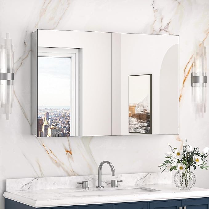 Keonjinn 40 x 26 Inch Medicine Cabinet Mirror for Bathroom, Lightweight | Assembly Required, Freely Adjustable Shelves, Surface Mount or Recessed, Safe Tempered Glass, Soft Close DTC Hinges, Silver