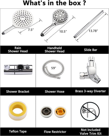 PDPBath High Pressure Rainfall Shower Head with Handheld Combo, 10 Setting Handheld Shower Head, Dual Handheld Shower Head Combo with Slide Bar for Easy Reach, Chrome