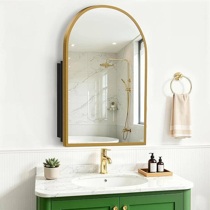 Casaphoria 39" H x 30" W Arched Bathroom Medicine Cabinet with Mirror, Metal Frame Wall Medicine Cabinets Mirrors, Wall Mirror Cabinet, Gold A