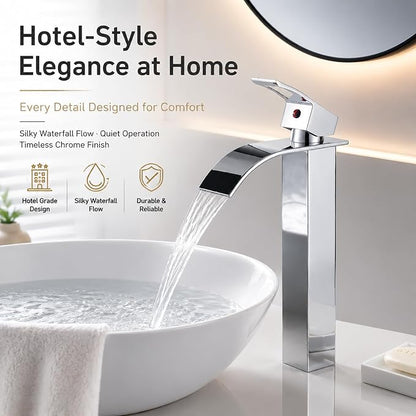 VOTON Vessel Sink Faucet Chrome Modern Tall Waterfall Bathroom Sink Faucet with Pop-Up Drain Single Handle Bathroom Faucet 1 Hole Bowl Lavatory Vanity Faucet, Rv Sink Camper Farmhouse Bathroom Faucet