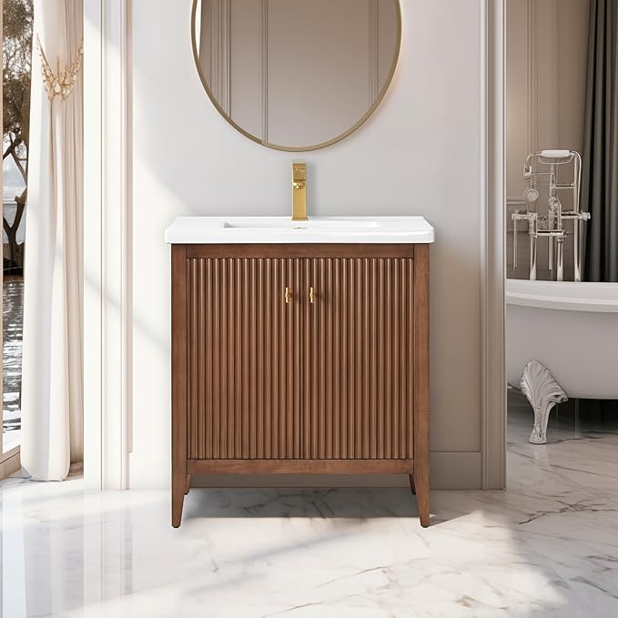 Vanity Art 30 inch Bathroom Vanity with Single Sink & Ceramic Top, Vanity Cabinet with Soft-Closing Door, Solid Wood Frame, Linear Pattern, Walnut, Golden Brushed Handware VA9130-Walnut-GB