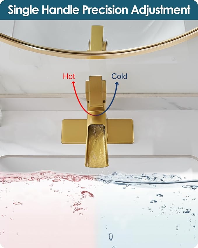 Gold Bathroom Sink Faucet 1 Hole, Brass Waterfall Faucet for Bathroom Sink, 4 Inch 3 Hole with Single Handle, Deck Plate & cUPC Water Hoses for Antique Vanity Lavatory, Not Included Pop-up Drain
