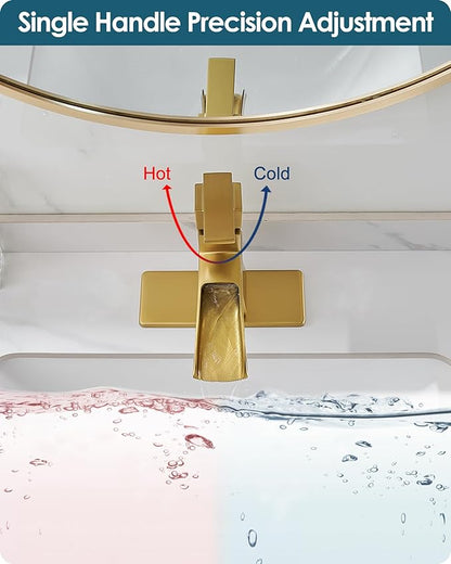 Gold Bathroom Sink Faucet 1 Hole, Brass Waterfall Faucet for Bathroom Sink, 4 Inch 3 Hole with Single Handle, Deck Plate & cUPC Water Hoses for Antique Vanity Lavatory, Not Included Pop-up Drain