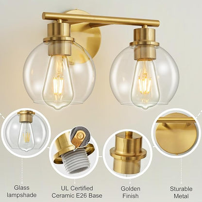 Bathroom Light Fixtures Over Mirror 2-Lights Bathroom Vanity Light with Clear Glass Shade 13.8 inch Gold Wall Sconce Brushed Brass Vanity Lighting Bathroom Light for Bath