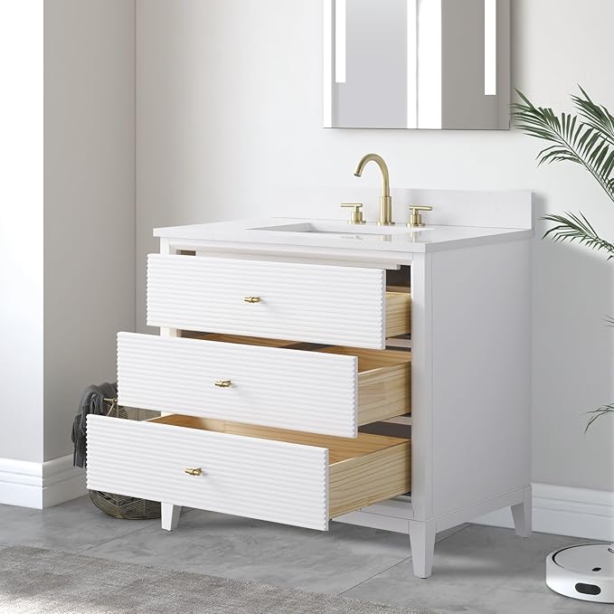 Vanity Art 36" Bathroom Vanity with Single Sink & Arabescato White Engineered Stone Top, Vanity Cabinet with Soft Closing Door, Solid Wood Frame, Golden Brushed Handles, White VA8136-W-GB
