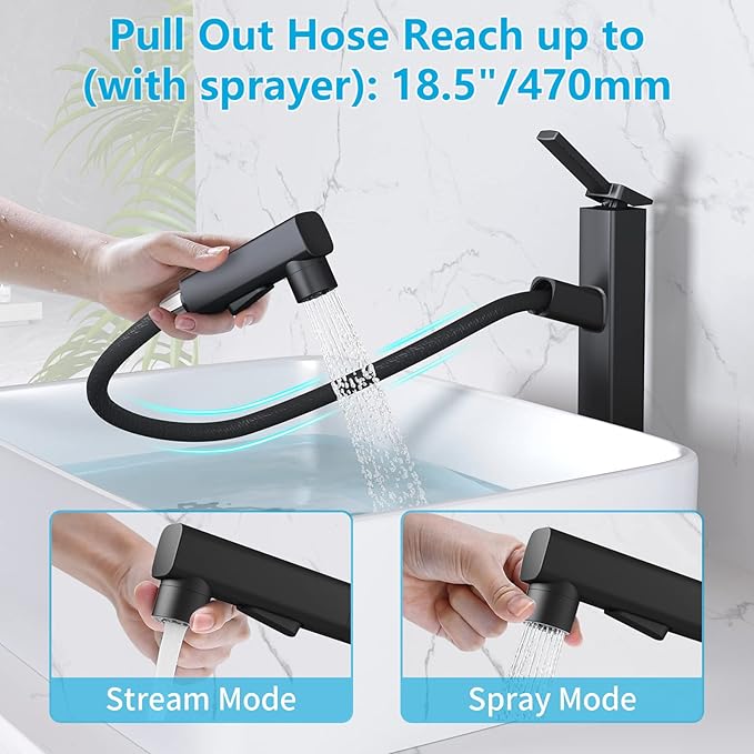 MIAOHUI Vessel Sink Faucet with Pull Out Sprayer, Tall Bathroom Sink Faucet with 3 Spray Mode, High Bathroom Faucets for Sink 1 Hole, Single Handle Modern Vanity Faucet with Fountain Mode, Matte Black