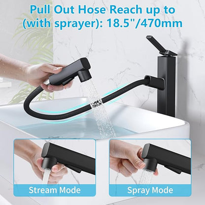 MIAOHUI Vessel Sink Faucet with Pull Out Sprayer, Tall Bathroom Sink Faucet with 3 Spray Mode, High Bathroom Faucets for Sink 1 Hole, Single Handle Modern Vanity Faucet with Fountain Mode, Matte Black
