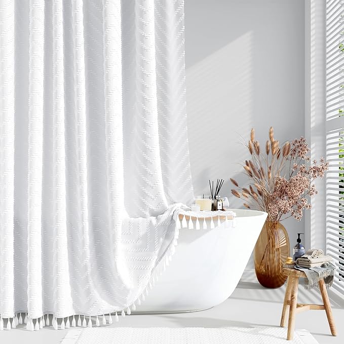 Extra Long Boho Shower Curtain Tufted Chevron 72"x90" White | 90 Inch Tall, Elegant Tassel, Lightweight Textured Fabric, Water Repellent, Washable, Hotel Spa, for Bathroom/Dorm 12 Hooks