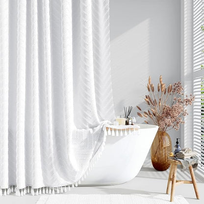 Extra Long Boho Shower Curtain Tufted Chevron 72"x90" White | 90 Inch Tall, Elegant Tassel, Lightweight Textured Fabric, Water Repellent, Washable, Hotel Spa, for Bathroom/Dorm 12 Hooks
