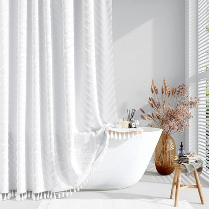 Stall Boho Farmhouse Shower Curtain Tufted Chevron 48"x72" White | 48 Inch Wide, Elegant Tassel, Lightweight Textured Fabric, Water Repellent, Washable, for Narrow Bathroom/Dorm 8 Hooks