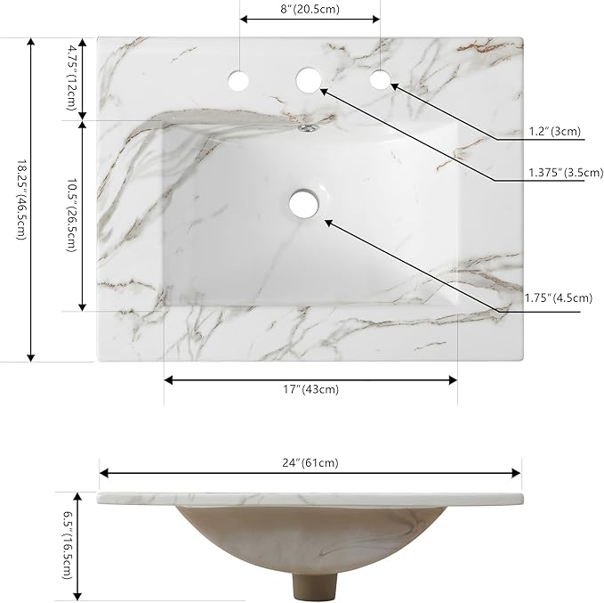 JONATHAN Y SNK1001C Ancillary 3-Hole 24 in. W x 18.25 in. D Classic Contemporary Rectangular Ceramic Single Sink Basin Vanity Top, White Marble Effect