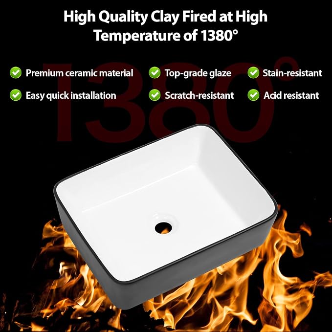 Bathroom Vessel Sink 19" x 15" Rectangle Bathroom Sinks Above Counter | Black and White Porcelain Ceramic Vessel Sinks Vanity Sink Rectangular Modern Above Counter Bathroom Vessel Sink