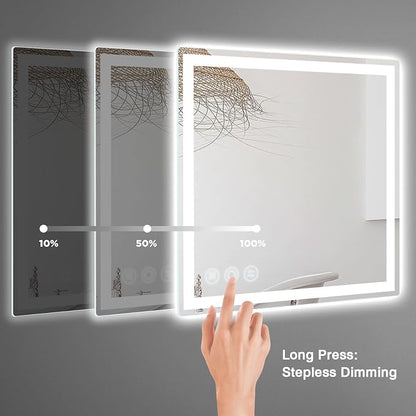 24" x 24" LED Bathroom Mirror with Lights, Memory Vanity Mirror | Anti-Fog, 3 Color Modes, Dimmable, Front Lit, Memory Function, Tempered Glass, Lighted Bathroom Mirror for Wall