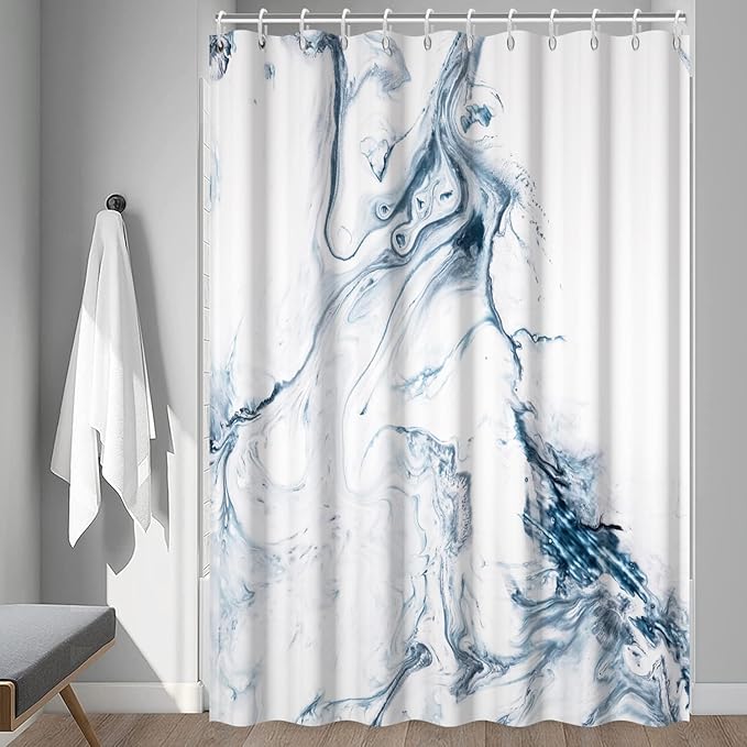Blue and White Shower Curtain, Modern Ombre Blue Marble Shower Curtain Set with Hooks Aesthetic Waterproof Bathroom Decor, 72x72 Inch