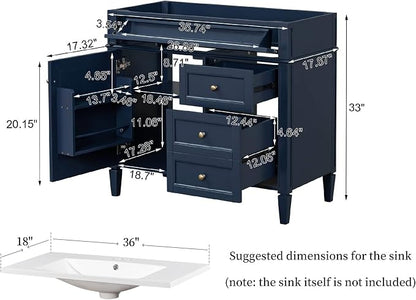 36'' Bathroom Vanity Without Sink, Solid Wood Frame Modern Organizer Storage Cabinet, Tip-Out Drawer, Soft Closing Doors, Free Standing, Blue