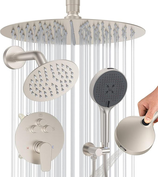 Shower Faucet Set Brushed Nickel Shower System, 12 Inch Ceiling Rain Shower Head with Handheld, Polished Nickel High Pressure Shower Fixtures Set (12" Brushed Nickel)