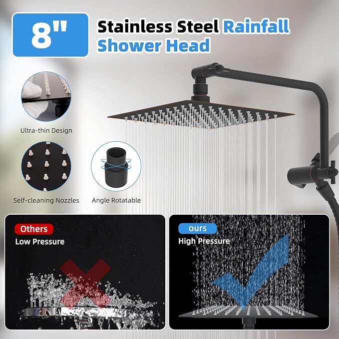 8" Metal Rainfall Shower Head with 10-Mode Handheld, Oil Rubbed Bronze | NSF/ANSI/CAN 372 Certified, High Pressure Showerhead Combo with 11" Adjustable Shower Arm, 71" Hose, Shower Head Holder