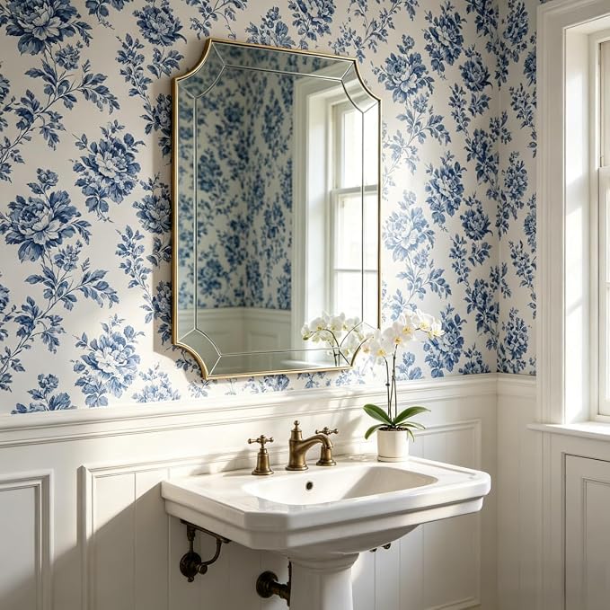 30x40 Scalloped Bathroom Mirror, Gold Rectangle Wall Mirror with Scallop Corner, Non-Rusting Vanity Mirror with Curved Cutouts, Well Made Antique Mirror Hangs Horizontal & Vertical
