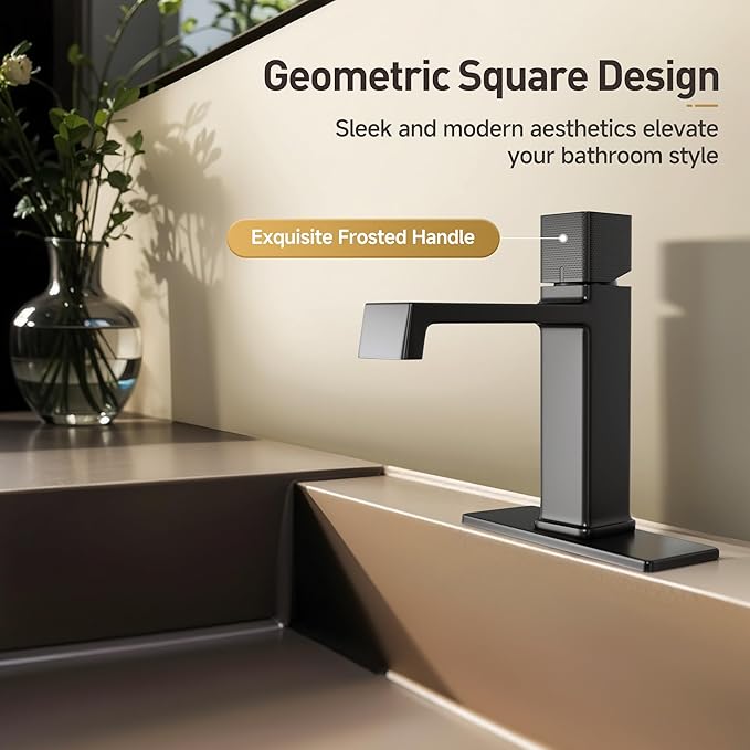 Modern Single Hole Bathroom Faucet | 7.4" Matte Black Luxury Single Handle Bathroom Faucet with Solid Brass Body, Spot-Free Finish & Anti-Splash | 1 or 3 Hole | Geometric Square Design
