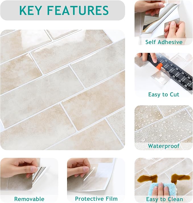 VEELIKE Beige Peel and Stick Backsplash Tile for Kitchen Wall Waterproof Self Adhesive Subway Tile Backsplash 12''x12'' 6 Sheets Renter Friendly Back Splash Stick on Tiles for Bathroom Laundry Room
