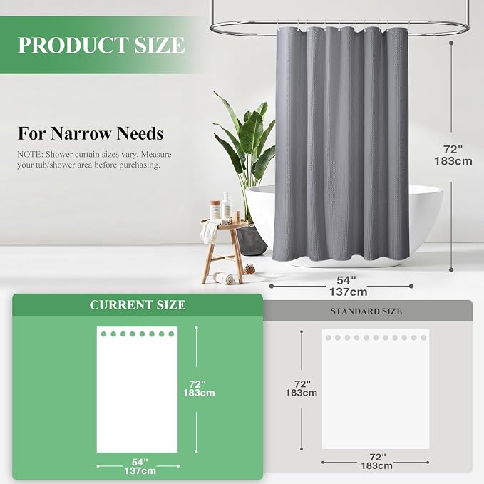 Stall Waffle Shower Curtain 256 GSM Heavy Fabric 54x72 Grey/Gray | 54 Inch Wide, Thick Cloth, Weighted Hem, Water Repellent, Hotel Luxury Polyester Shower Curtain Set for Bathroom 10 Hooks