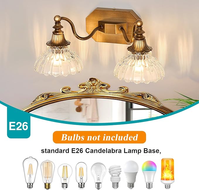 hesoge Vintage Bathroom Light Fixture Antique Brass Vanity Light with Crystal Glass Shade Brushed Gold 2-Light Bathroom Light Over Mirror