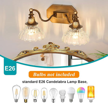 hesoge Vintage Bathroom Light Fixture Antique Brass Vanity Light with Crystal Glass Shade Brushed Gold 2-Light Bathroom Light Over Mirror
