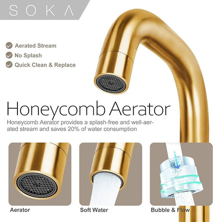 SOKA 8-16 Inch Widespread Bathroom Faucet 2 Handles Gold Commercial Sink Touch Faucets 3 Pieces Vanity Restroom Lavatory 360 Degree Rotating Faucet with Pop Up Drain Assembly,Gold - L