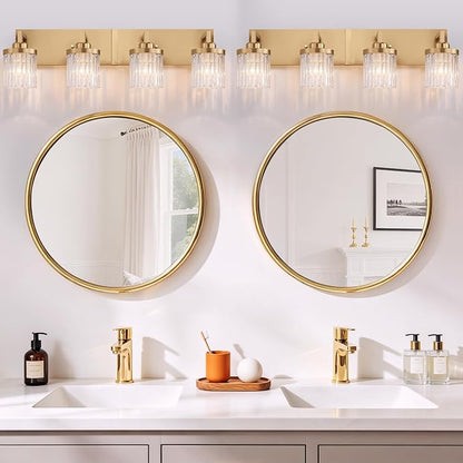 Modern 4-Light Gold Vanity Lights, Crystal Glass Bathroom Fixtures | Brushed Gold Finish, Rust-resistant Metal, Industrial Design, E26 Compatible, Over Mirror Wall Light for Bathroom Restroom
