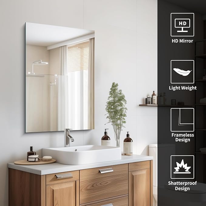 CILIBER Frameless Mirror, 24x36 Mirrors for Wall, Rectangle Bathroom Mirror for Over Sink, Frameless Vanity Mirror with Polished Edge, 3mm Tempered Glass, Hangs Horizontally or Vertically