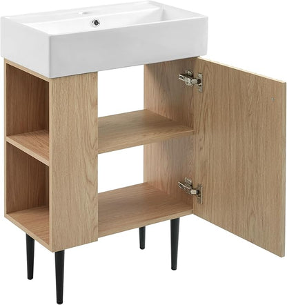LUMISOL 21.6" Small Bathroom Vanity with Sink, Narrow Depth Bathroom Vanity with Soft-Close Door & Left Side Shelf, Wooden Freestanding Bathroom Sink Cabinet with Ceramic Sink, Natural