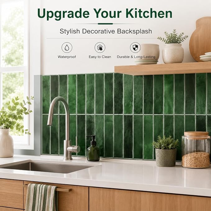 JOLOV 10 Pack Peel and Stick Backsplash Tiles, Waterproof 3D Stickers | Thicker self-adhesive 3D tile stickers for kitchen and bathroom walls; removable, waterproof and easy to install.